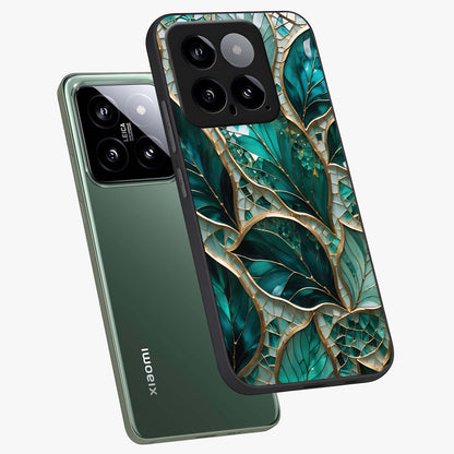 Emerald Leaf Glass Glass Case displayed in angled mockup highlighting botanical leaf illustration with elegant natural aesthetic.