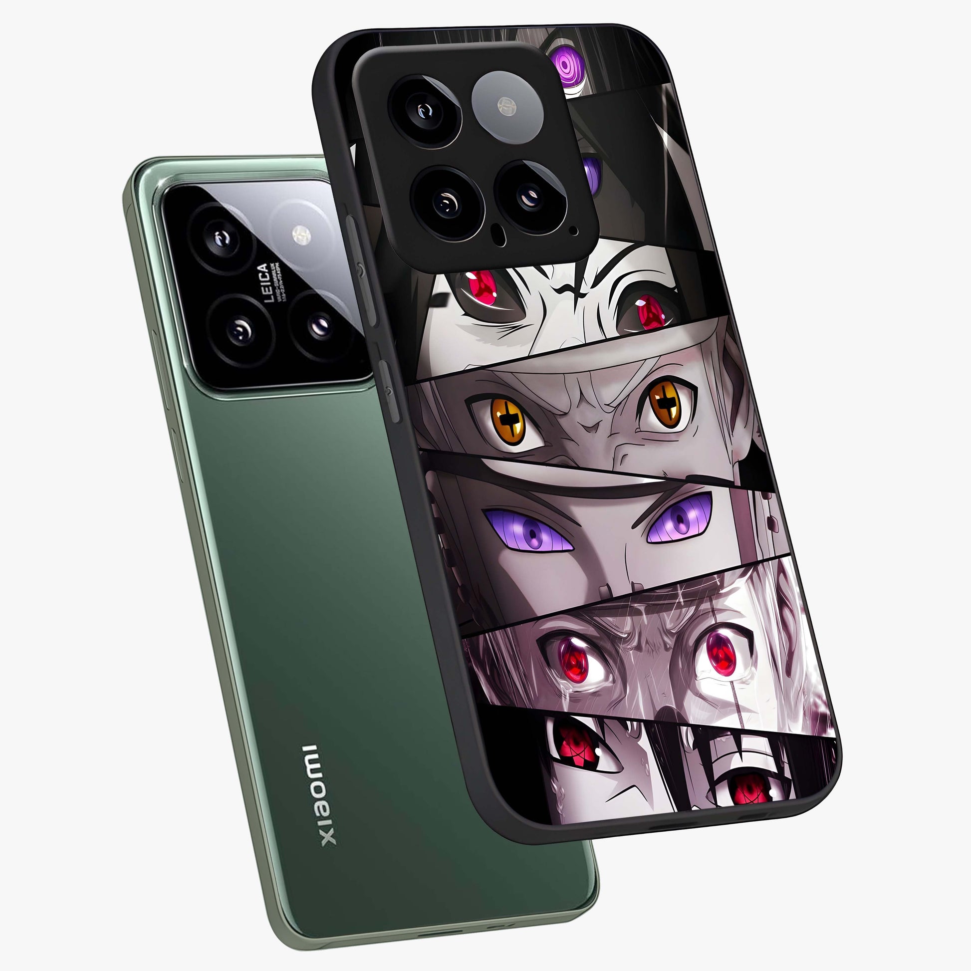 Eyes of Destiny Glass Case displayed in angled mockup highlighting bold eye illustration with mystical aesthetic style.