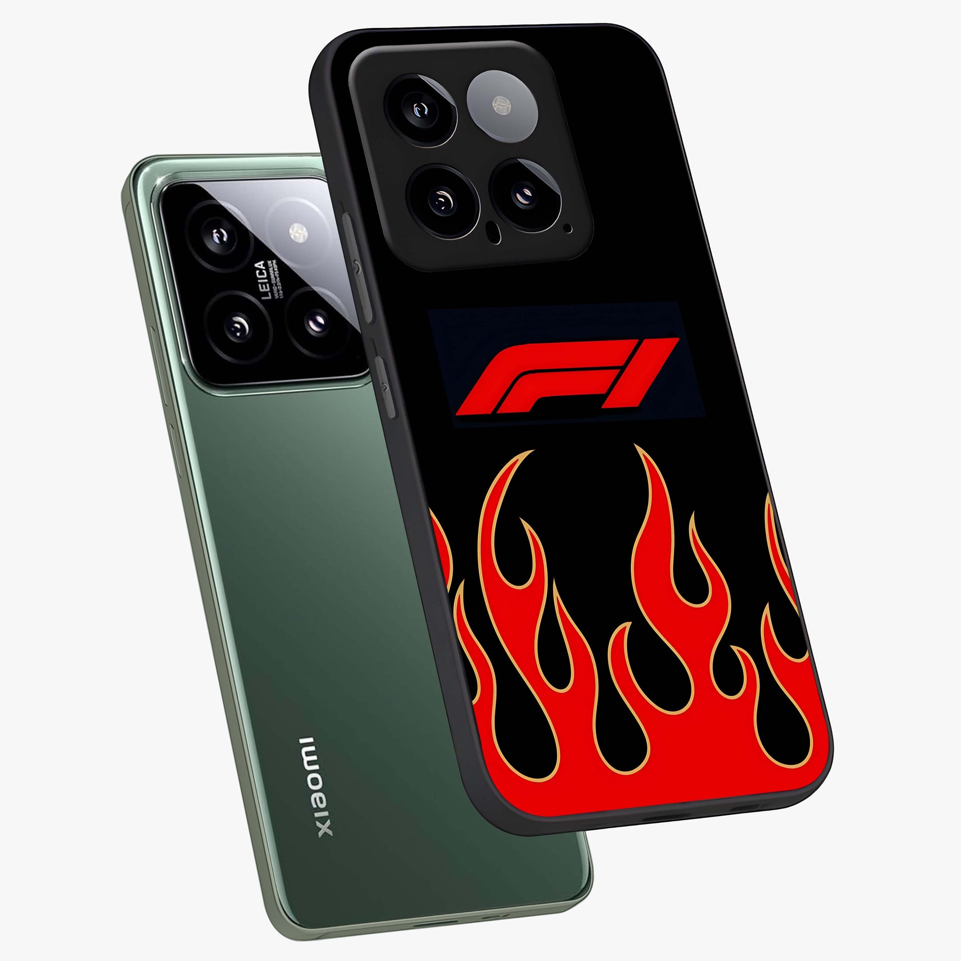 Fire F11 Glass Case displayed in angled mockup highlighting bold fire inspired graphic with energetic aesthetic style.