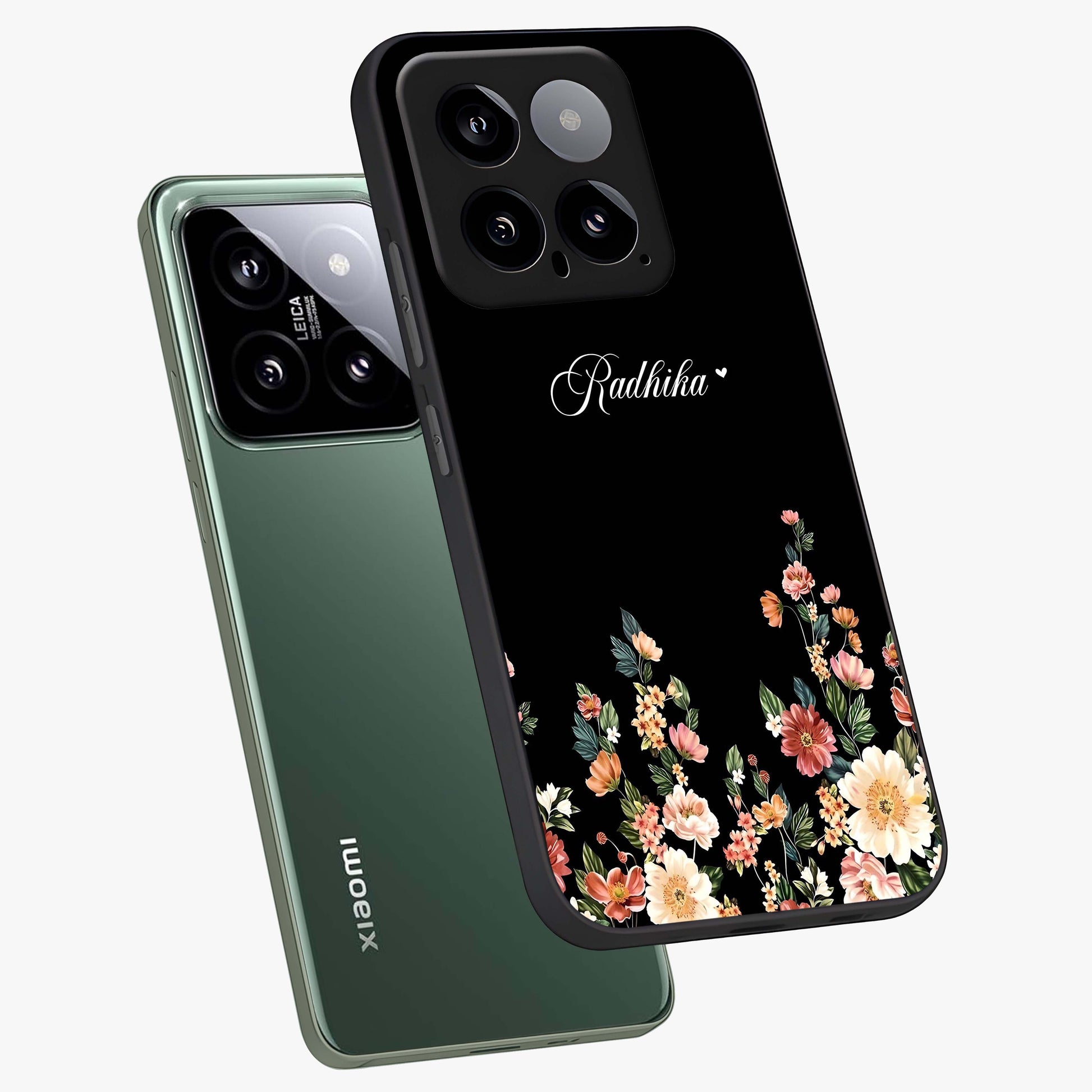 Floral Design With a Custom Personalized Name Glass Case displayed in angled mockup highlighting elegant floral pattern with custom name feature.