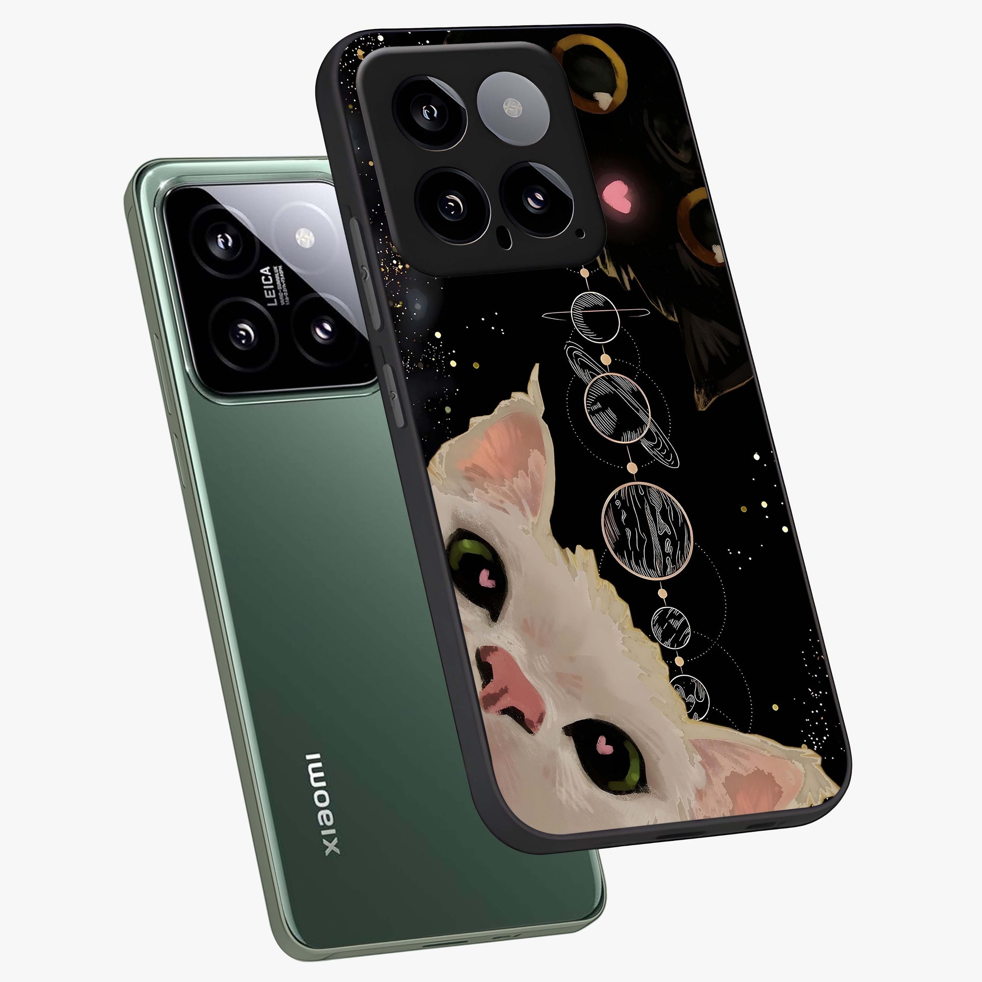 Galactic Cat Glass Case displayed in angled mockup highlighting celestial feline illustration with galaxy aesthetic style.