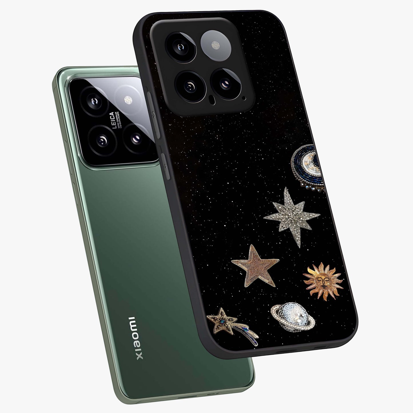 Galactic Charm Glow Glass Case displayed in angled mockup highlighting luminous galaxy inspired design with dreamy aesthetic.