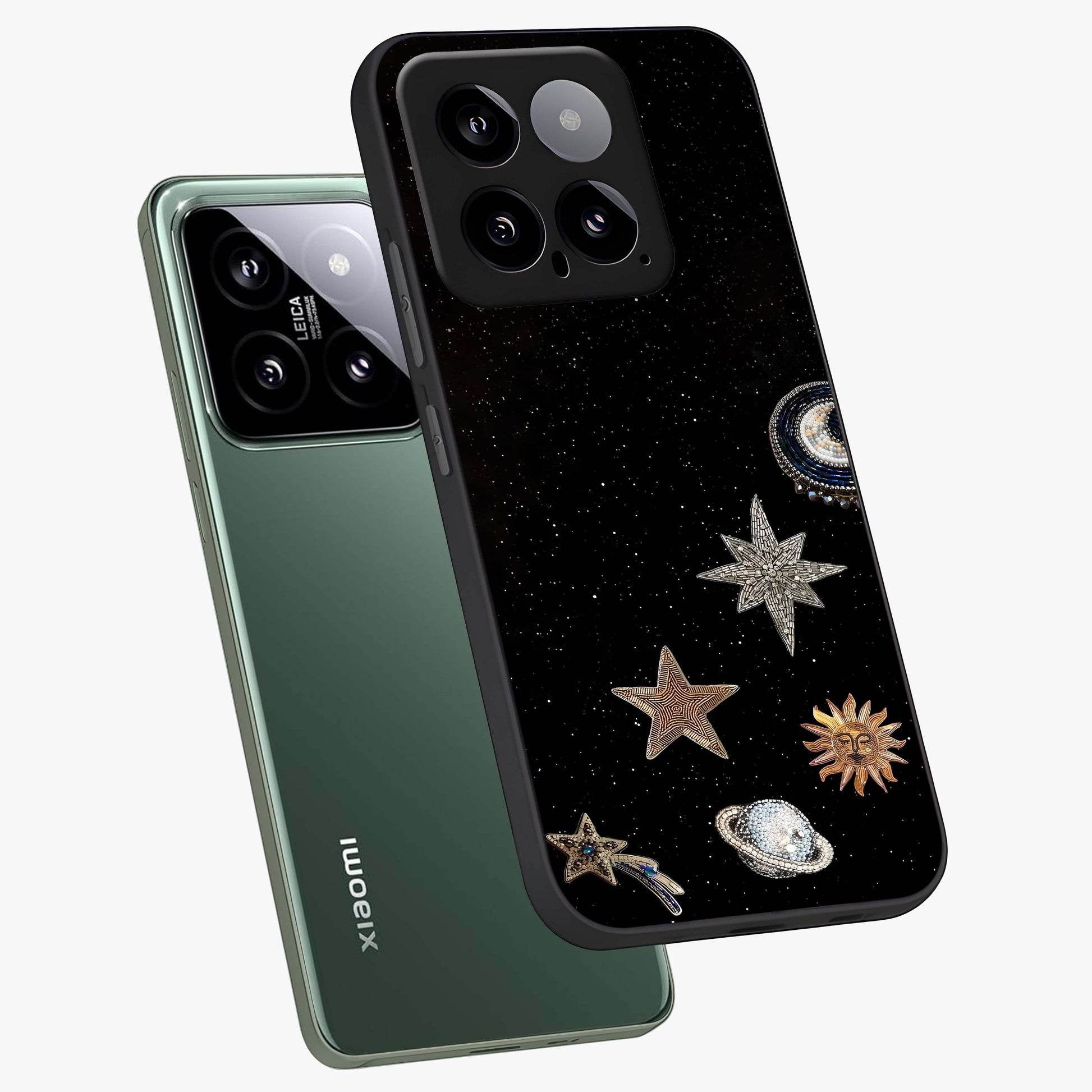Galactic Charm Glow Glass Case displayed in angled mockup highlighting luminous galaxy inspired design with dreamy aesthetic.