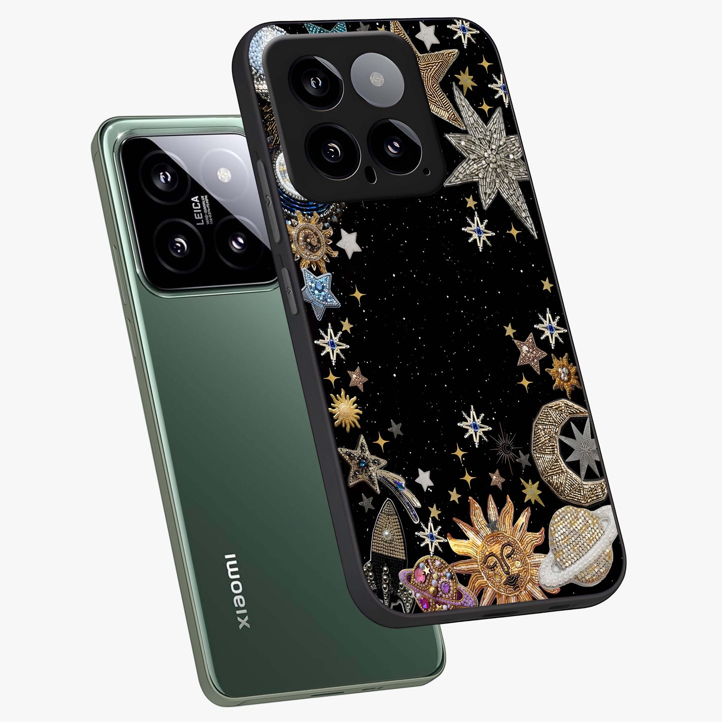 Galactic Jewel Stars Glass Case displayed in angled mockup highlighting shining celestial star design with cosmic aesthetic style.