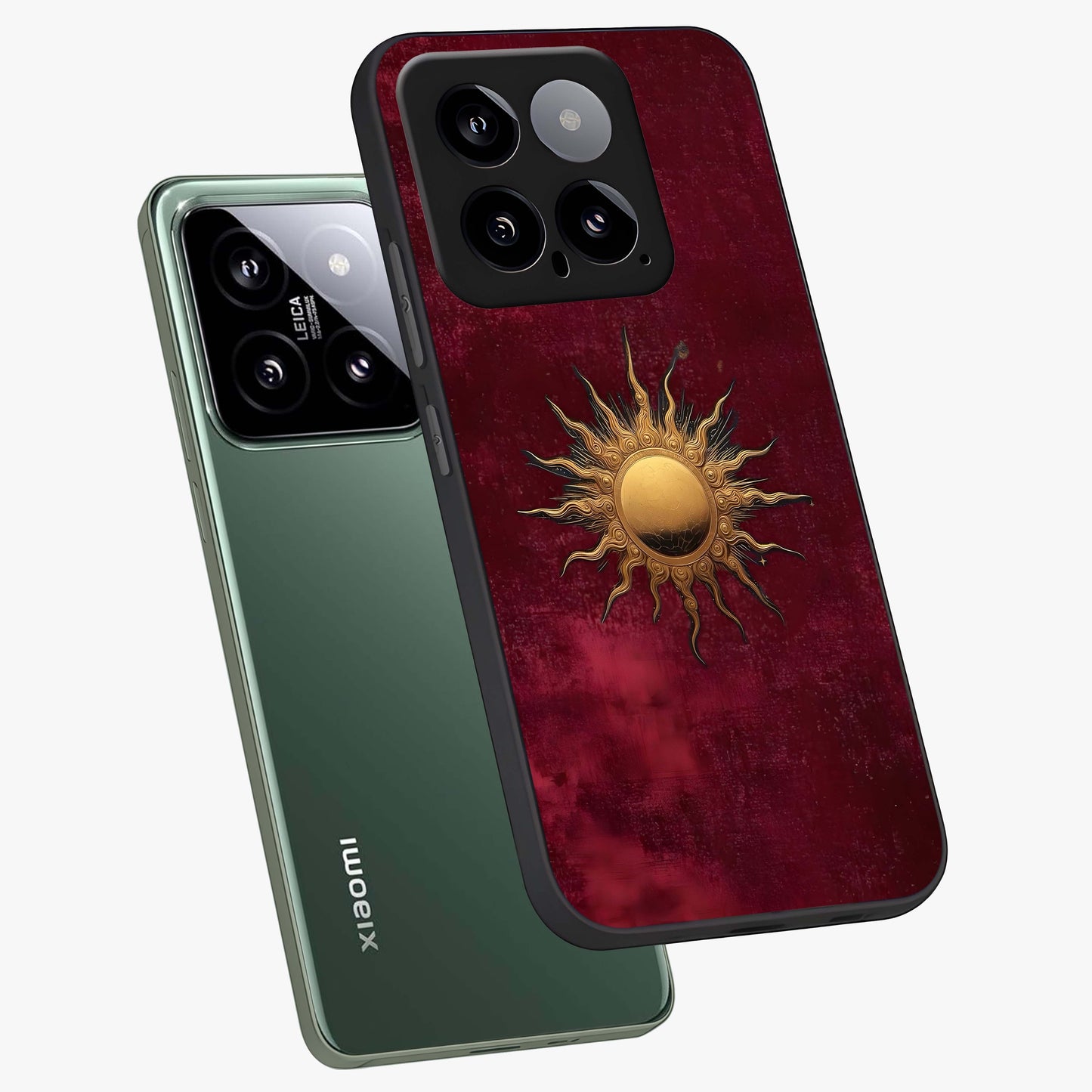 Golden Sun Minimalism Glass Case displayed in angled mockup highlighting clean sun symbol design with modern minimal aesthetic.