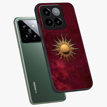 Golden Sun Minimalism Glass Case displayed in angled mockup highlighting clean sun symbol design with modern minimal aesthetic.