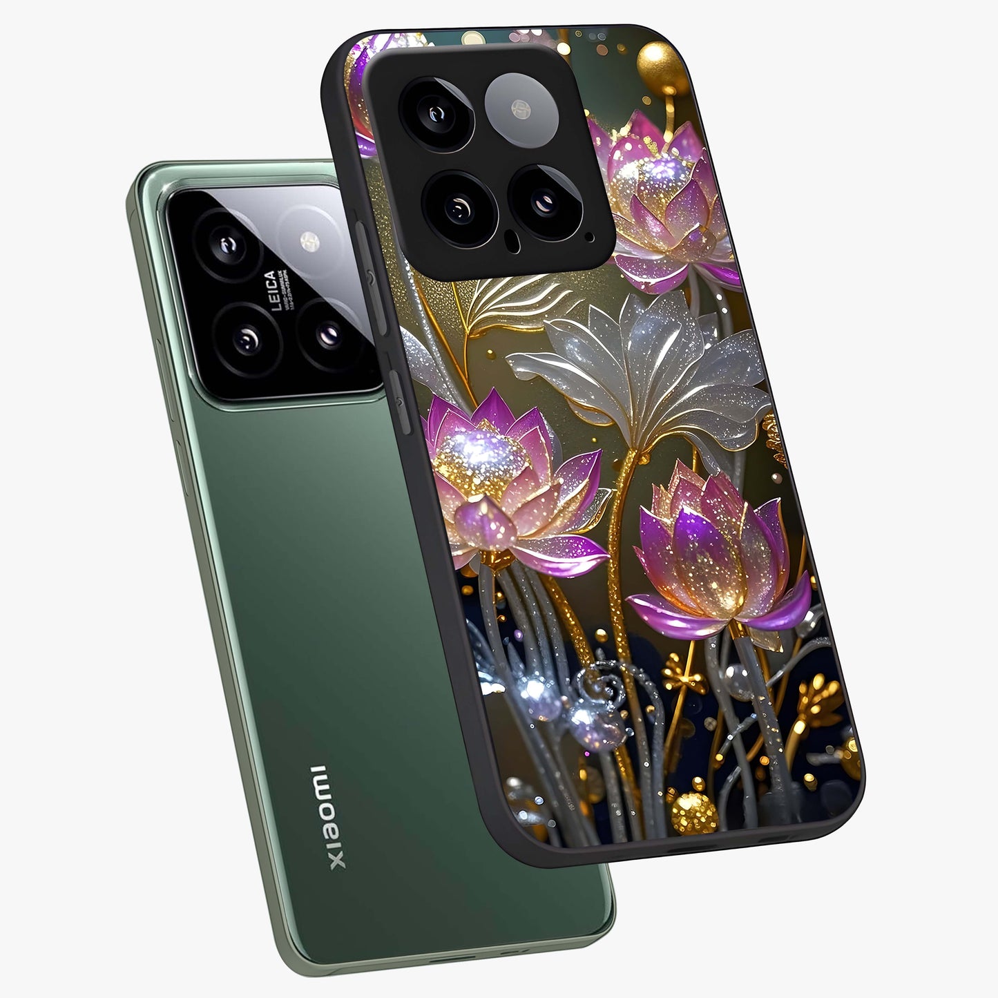 Golden Floral Majesty Glass Case displayed in angled mockup highlighting elegant flower design with royal golden aesthetic.