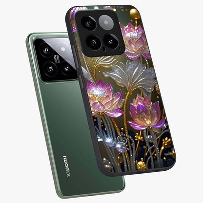 Golden Floral Majesty Glass Case displayed in angled mockup highlighting elegant flower design with royal golden aesthetic.
