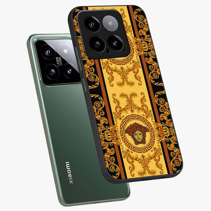 Golden Lotus Glow Glass Case displayed in angled mockup highlighting radiant lotus illustration with spiritual aesthetic.