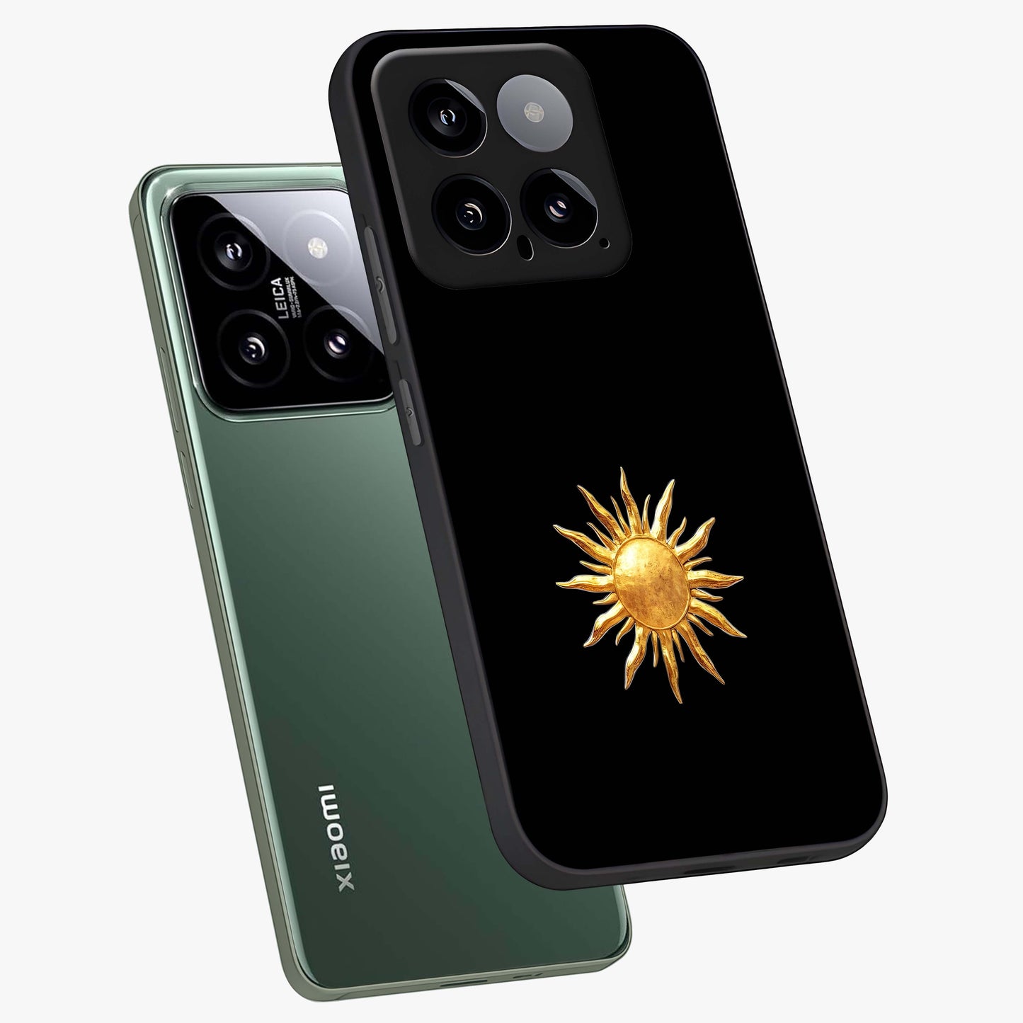 Golden Sun Minimalism Glass Case displayed in angled mockup highlighting eerie shadow illustration with gothic aesthetic.