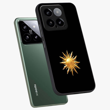 Golden Sun Minimalism Glass Case displayed in angled mockup highlighting eerie shadow illustration with gothic aesthetic.