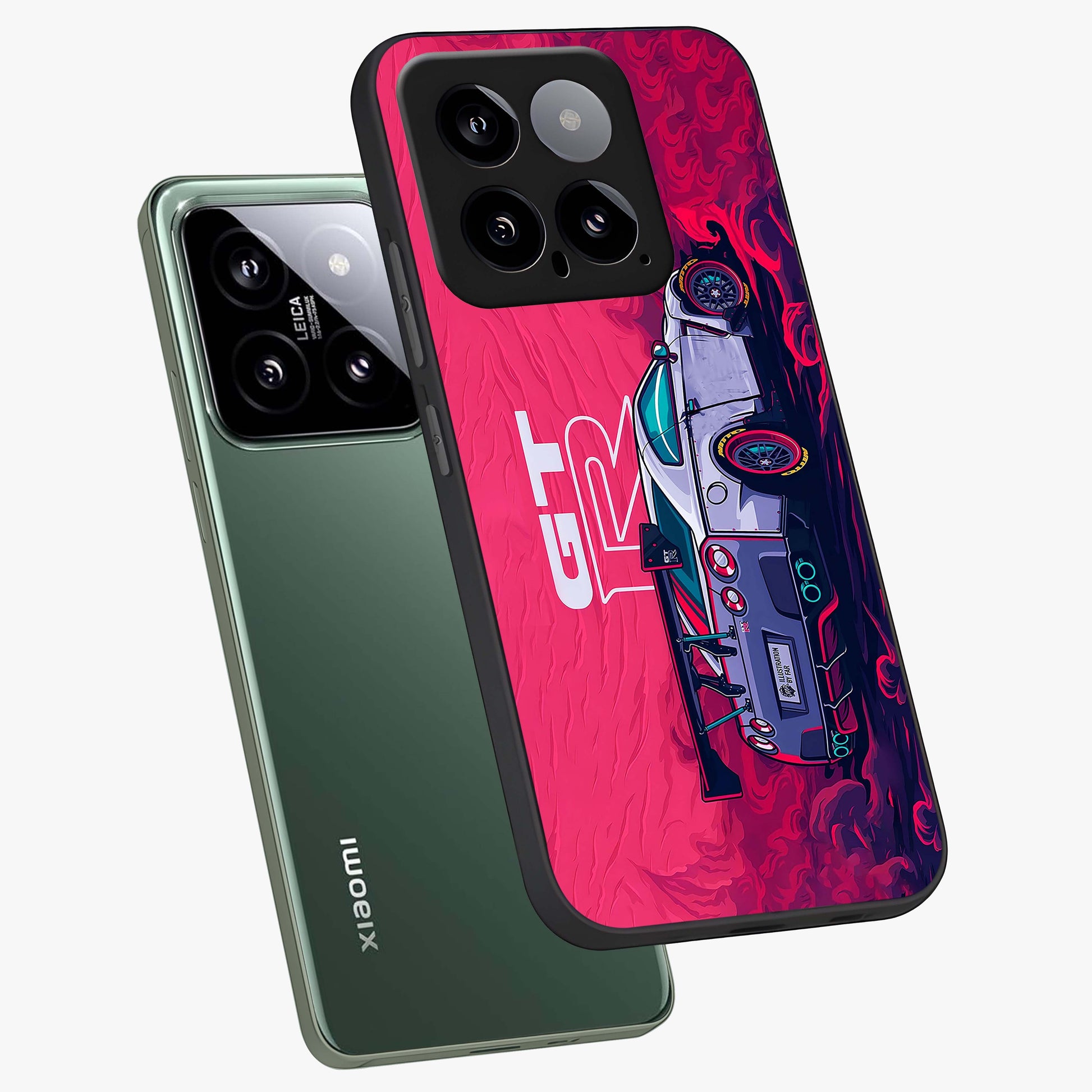 GT-R Car Pattern Glass Case displayed in angled mockup highlighting racing car graphic design with bold automotive aesthetic.