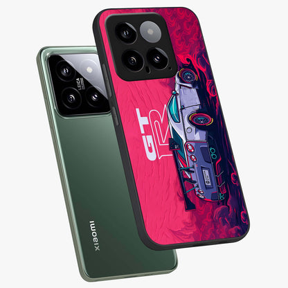GT-R Car Pattern Glass Case displayed in angled mockup highlighting racing car graphic design with bold automotive aesthetic.