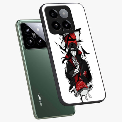 Itachi Limited Edition Naruto Anime Glass Case displayed in angled mockup highlighting dramatic anime illustration with bold action aesthetic.