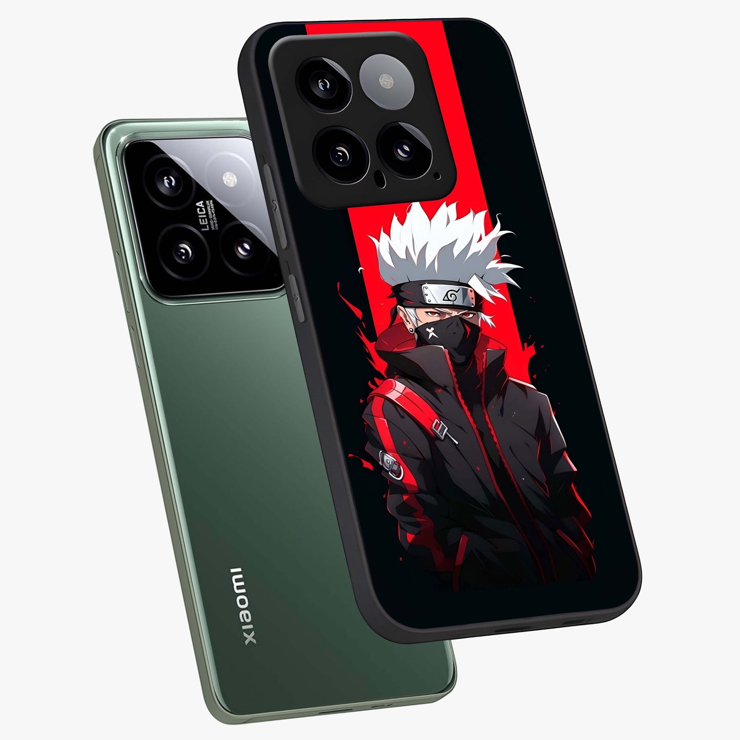 Kakashi Scarlet Shadow Glass Case displayed in angled mockup highlighting dramatic ninja illustration with scarlet themed aesthetic.