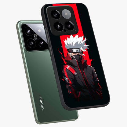 Kakashi Scarlet Shadow Glass Case displayed in angled mockup highlighting dramatic ninja illustration with scarlet themed aesthetic.