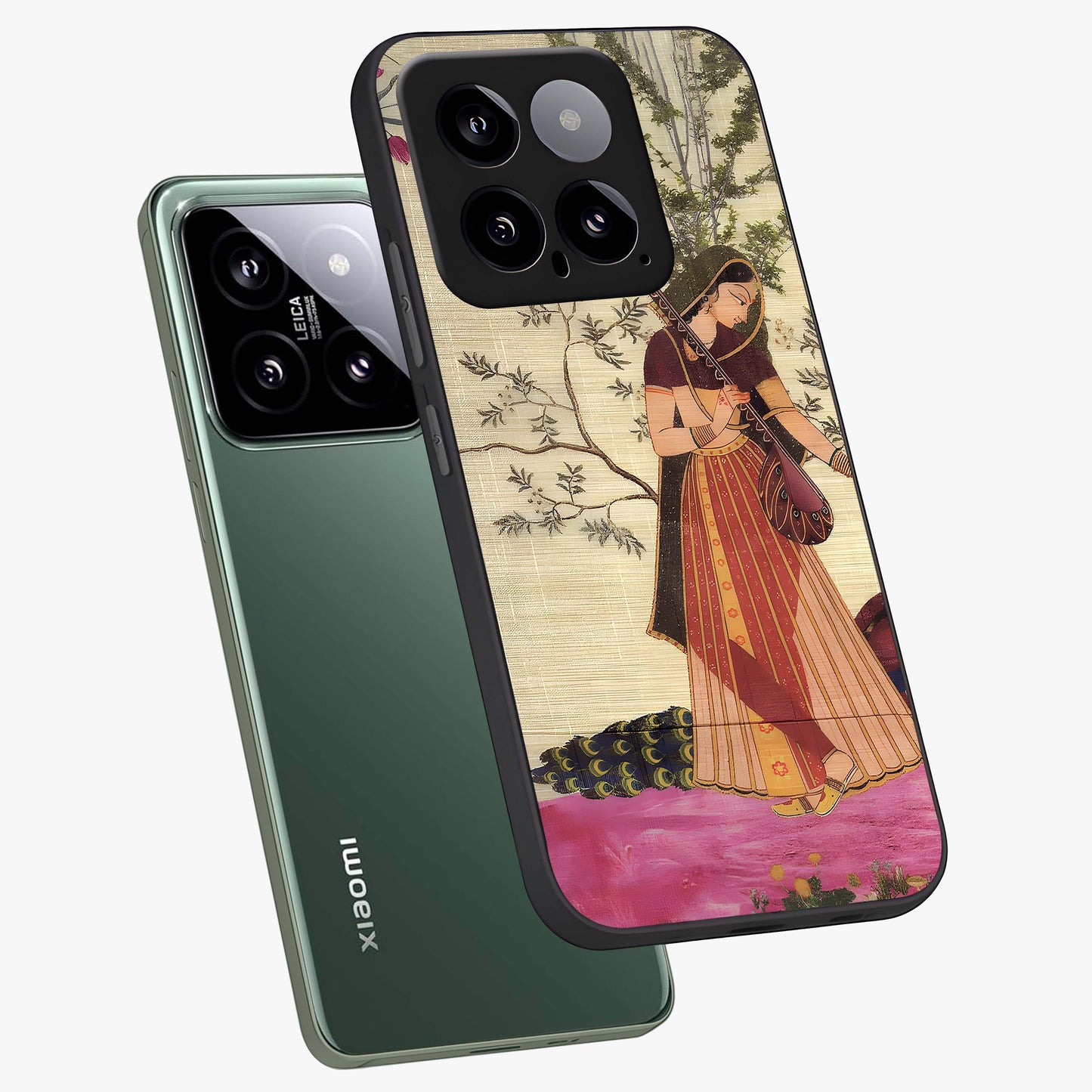 Lady With Veena Art Glass Case displayed in angled mockup highlighting graceful musical illustration with cultural artistic aesthetic.