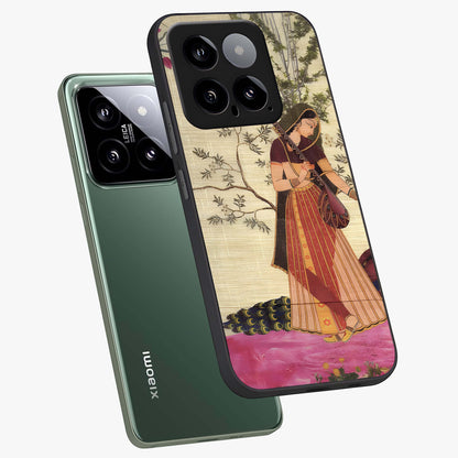 Lady With Veena Art Glass Case displayed in angled mockup highlighting graceful musical illustration with cultural artistic aesthetic.