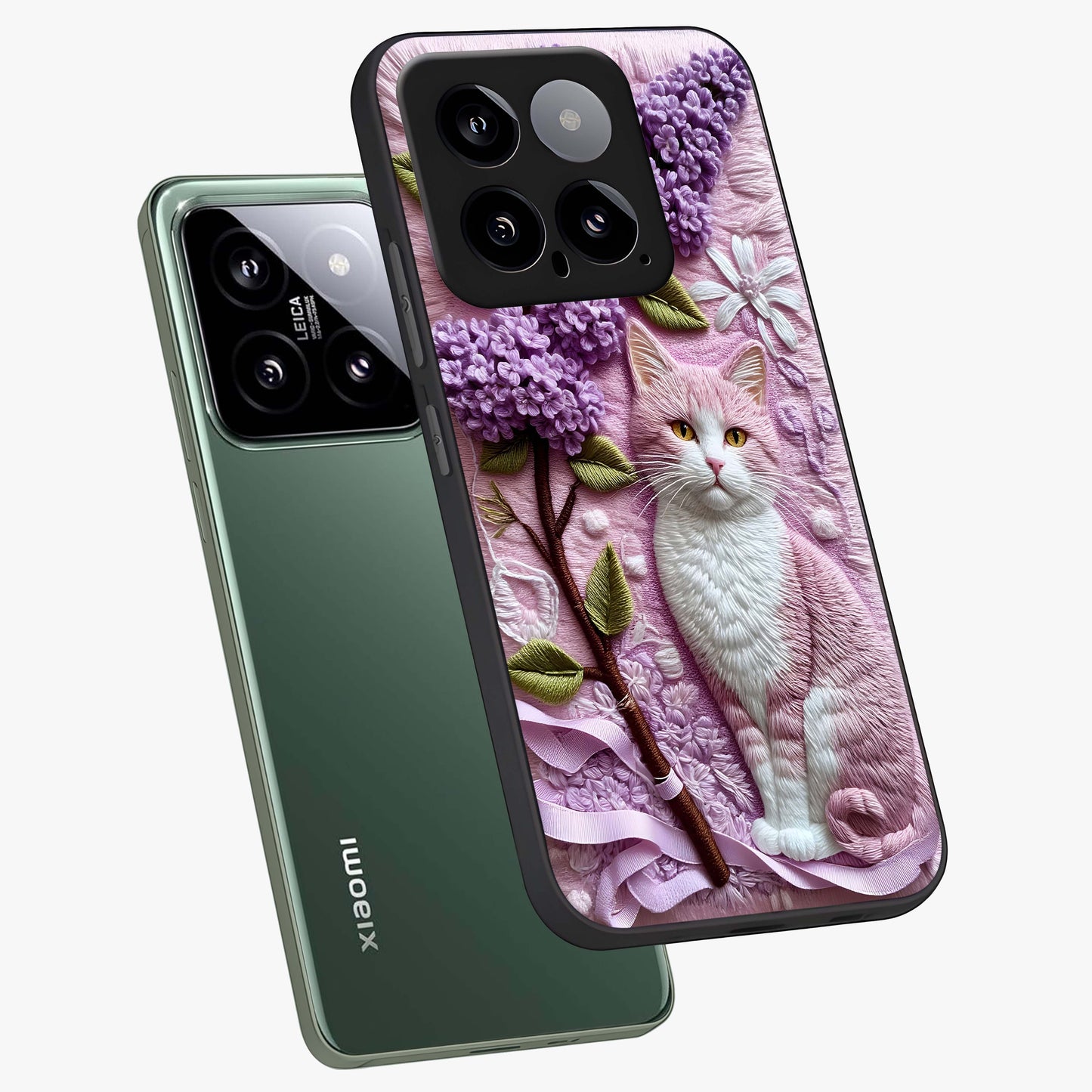 Lavender Cat Whimsy Glass Case displayed in angled mockup highlighting playful feline illustration with pastel lavender aesthetic.