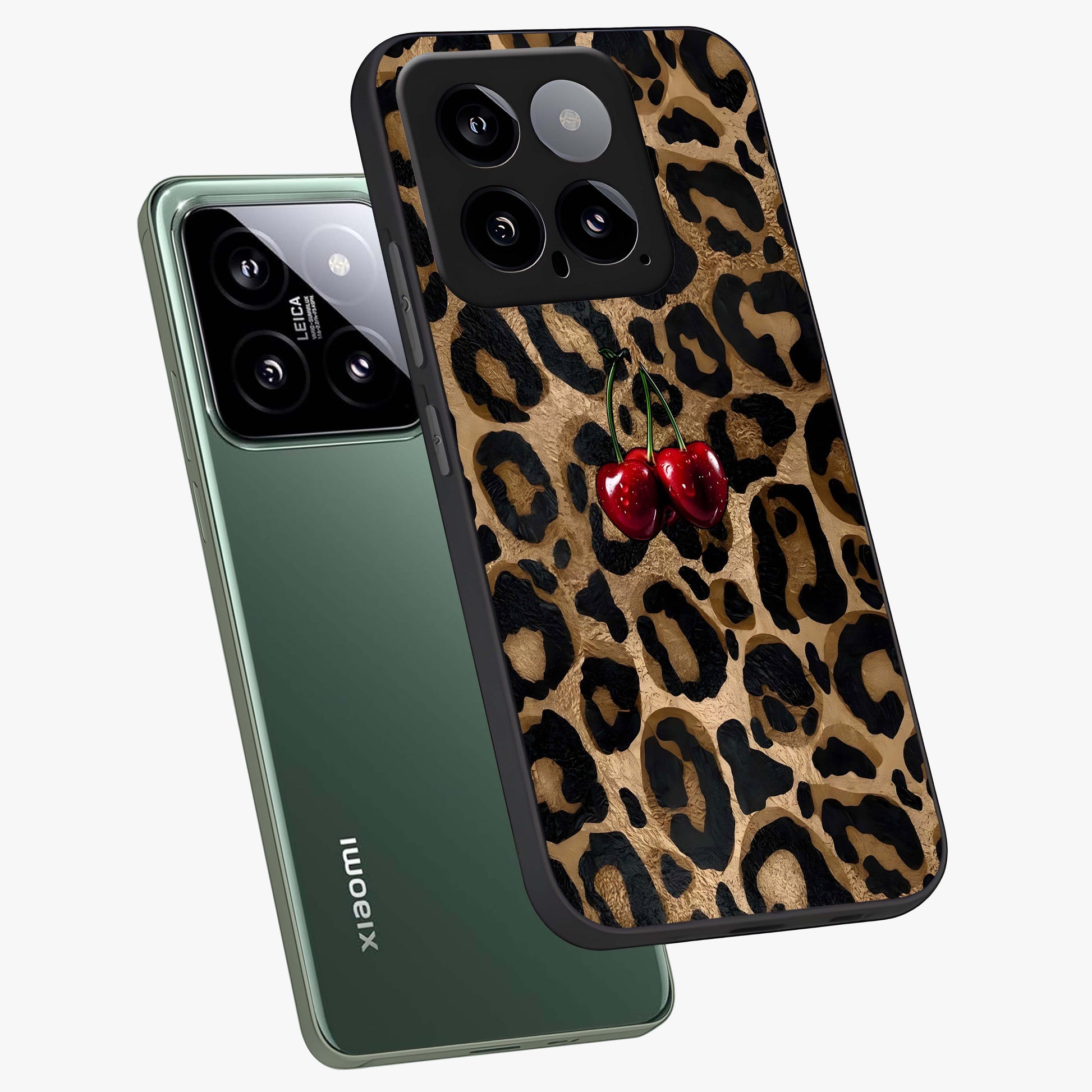 Leopard Wild Cherry Glass Case displayed in angled mockup highlighting bold animal print design with playful cherry aesthetic.