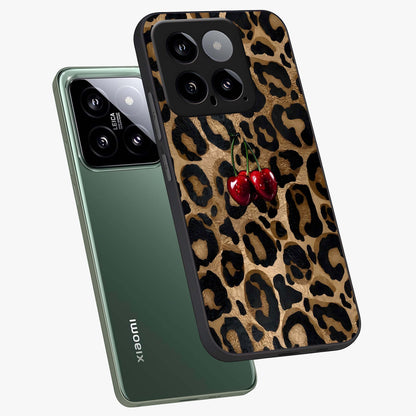 Leopard Wild Cherry Glass Case displayed in angled mockup highlighting bold animal print design with playful cherry aesthetic.