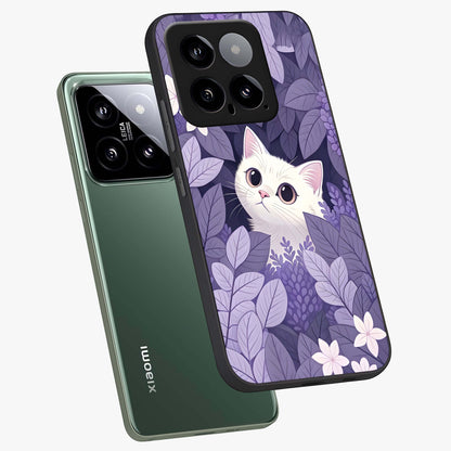 Lilac Hide Peek Cat Glass Case displayed in angled mockup highlighting playful feline illustration with lilac aesthetic design.