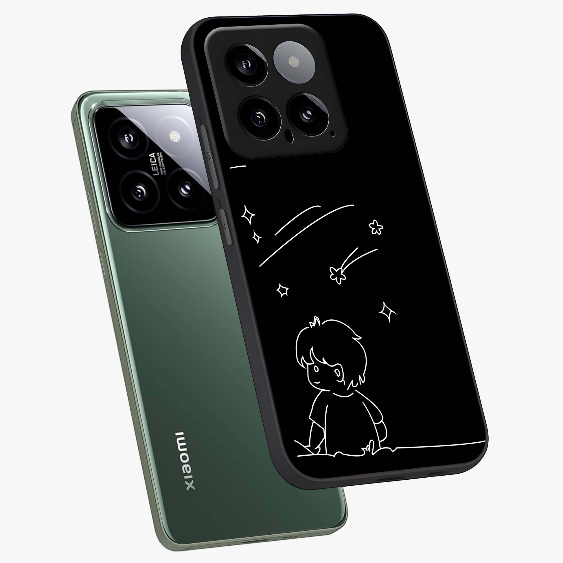 Line Art Boy With Shooting Stars Glass Case displayed in angled mockup highlighting elegant line art design with dreamy star aesthetic.