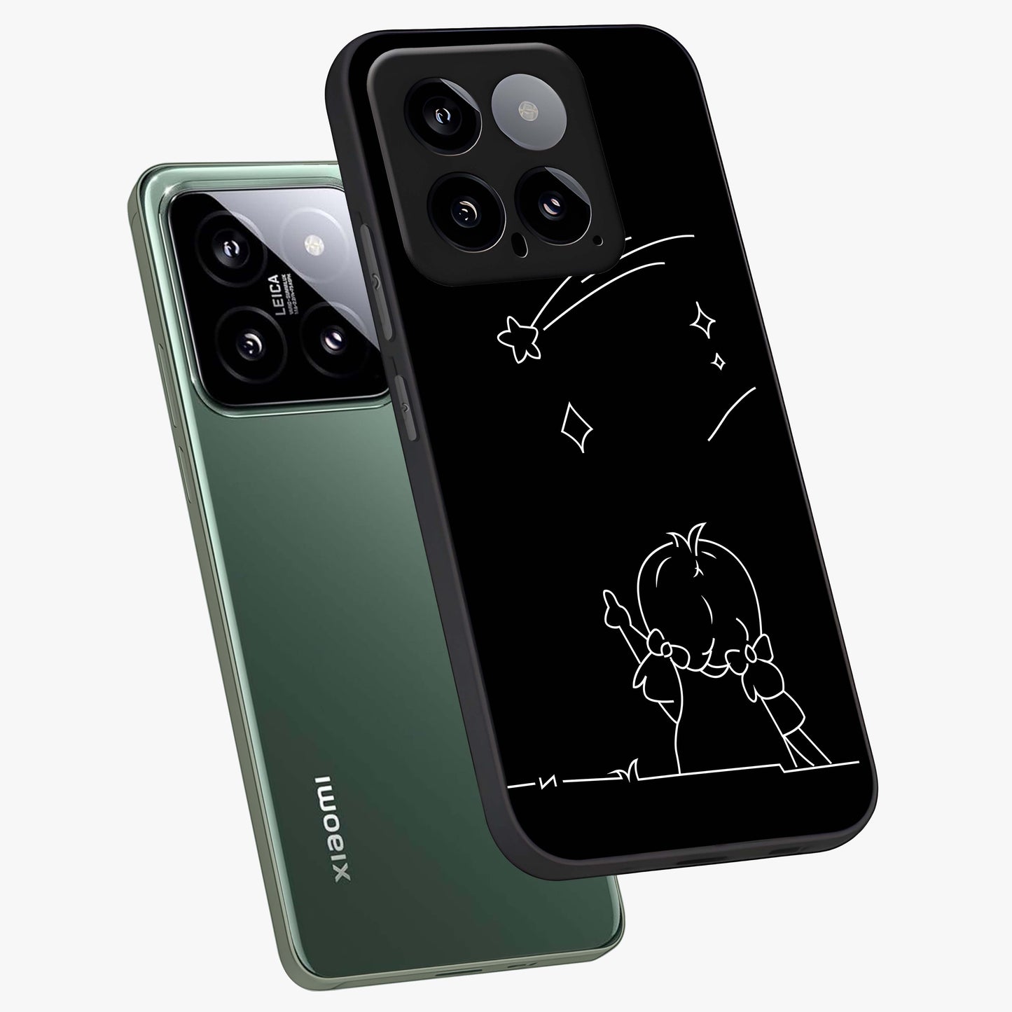 Line Art Girl With Shooting Stars Glass Case displayed in angled mockup highlighting elegant line art design with dreamy star aesthetic.