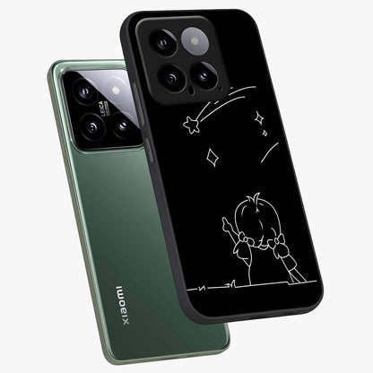 Line Art Girl With Shooting Stars Glass Case displayed in angled mockup highlighting elegant line art design with dreamy star aesthetic.