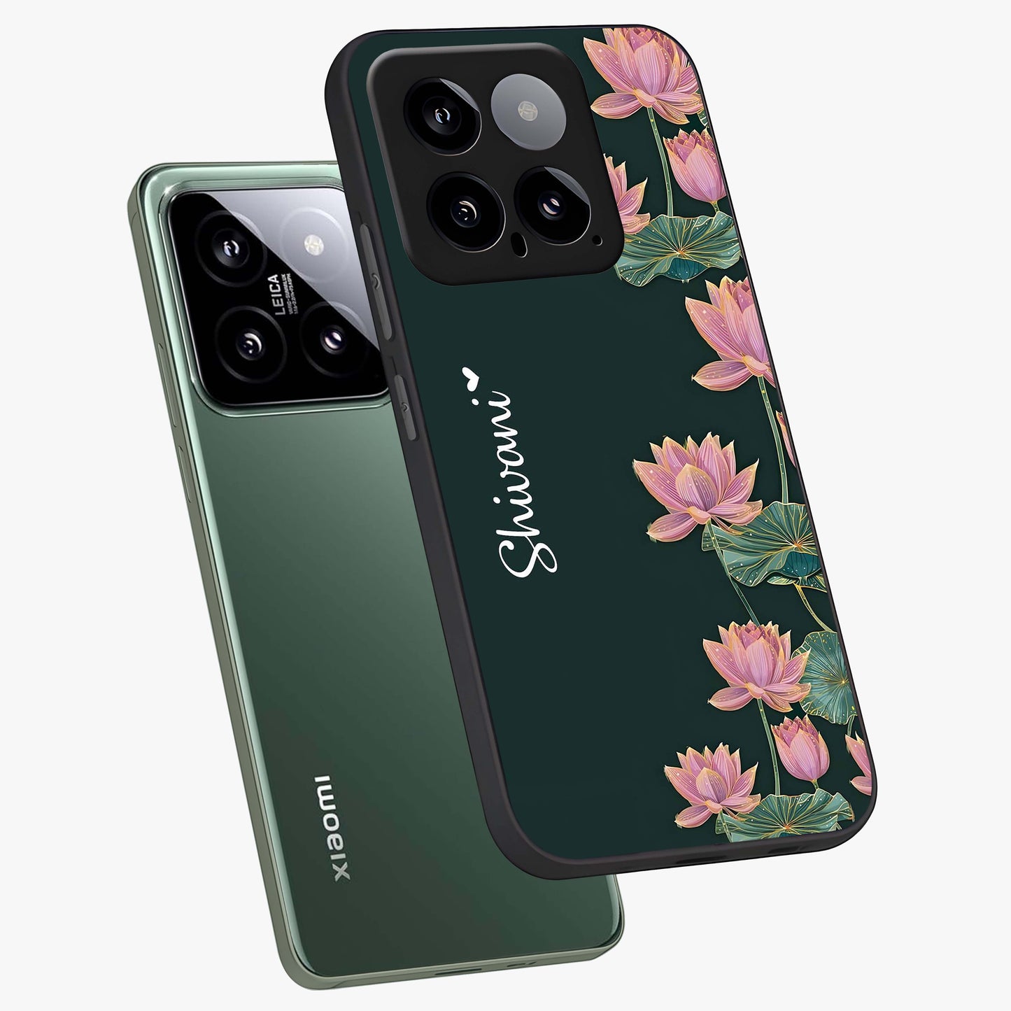 Lotus Bloom Serenity Custom Name Glass Case displayed in angled mockup highlighting graceful lotus illustration with custom name feature.