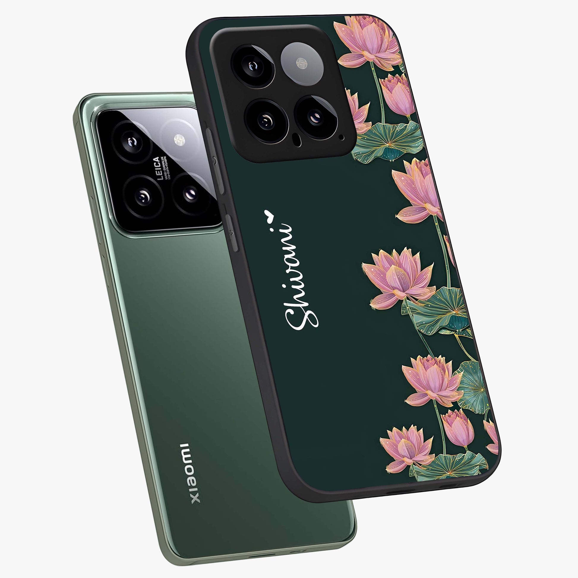 Lotus Bloom Serenity Custom Name Glass Case displayed in angled mockup highlighting graceful lotus illustration with custom name feature.