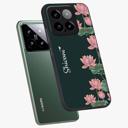 Lotus Bloom Serenity Custom Name Glass Case displayed in angled mockup highlighting graceful lotus illustration with custom name feature.