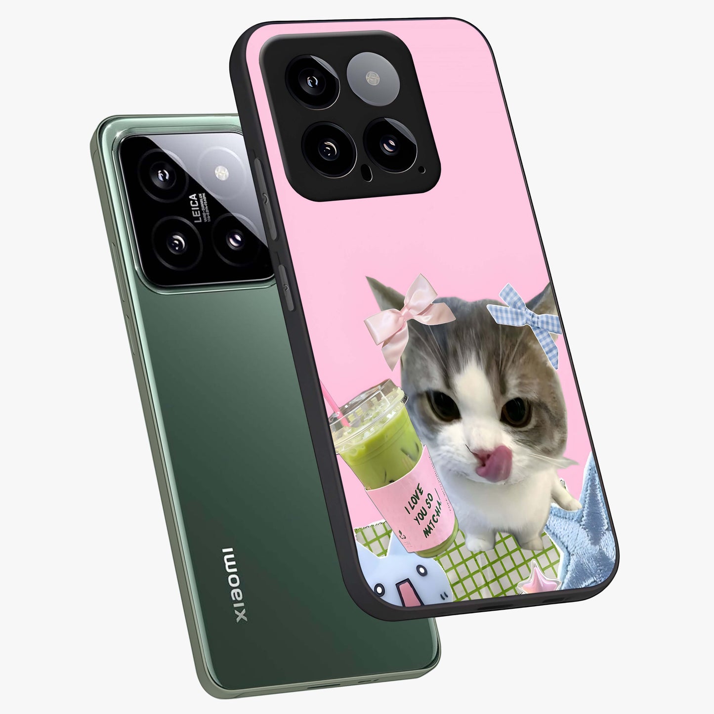 Love Matcha Cat Glass Case displayed in angled mockup highlighting playful feline illustration with cozy matcha aesthetic.