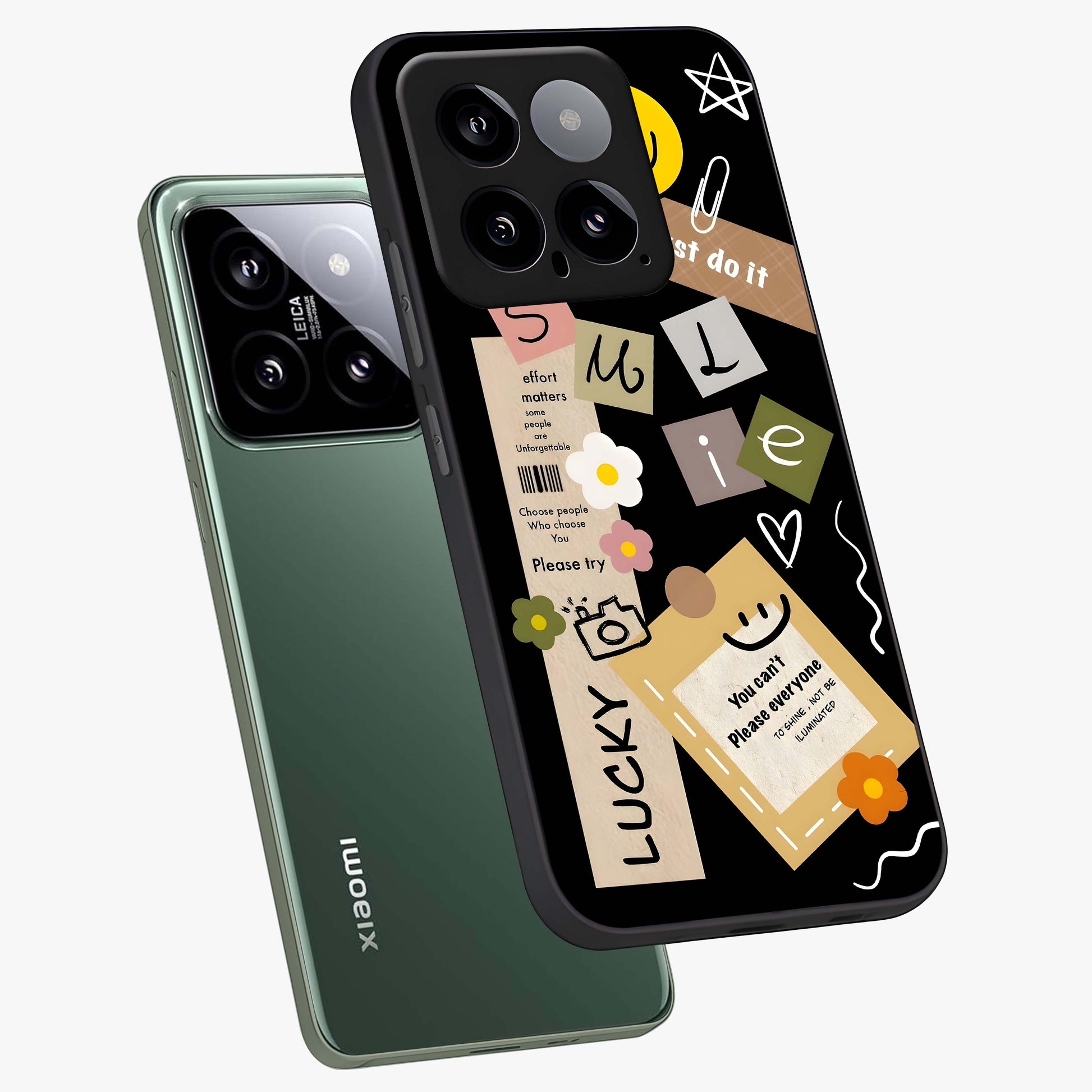 Lucky Aesthetic Collage Glass Case displayed in angled mockup highlighting stylish collage pattern with modern aesthetic vibe.