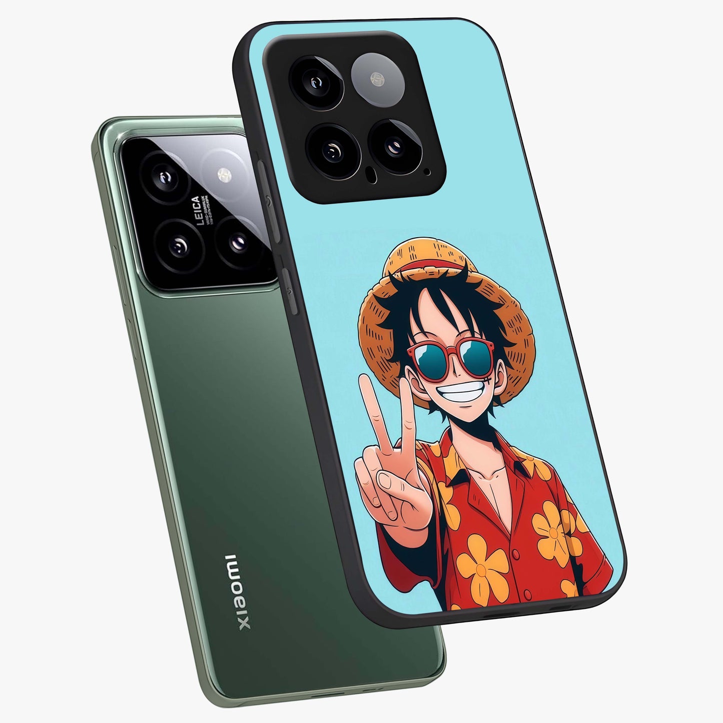 Luffy Summer Anime Vibe Glass Case displayed in angled mockup highlighting energetic anime illustration with summer vibe aesthetic.