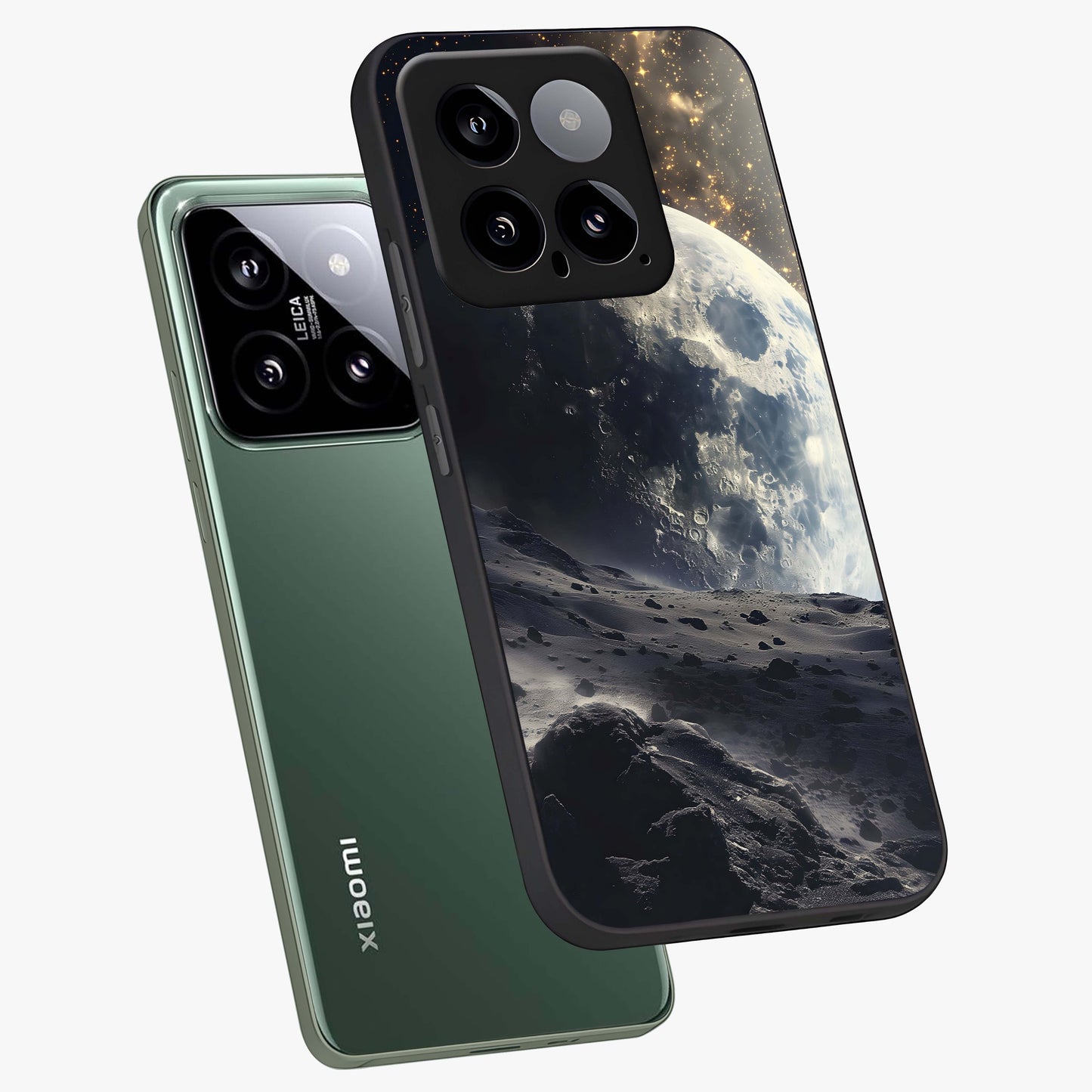 Lunar Horizon Glow Glass Case displayed in angled mockup highlighting celestial moon design with dreamy night aesthetic.