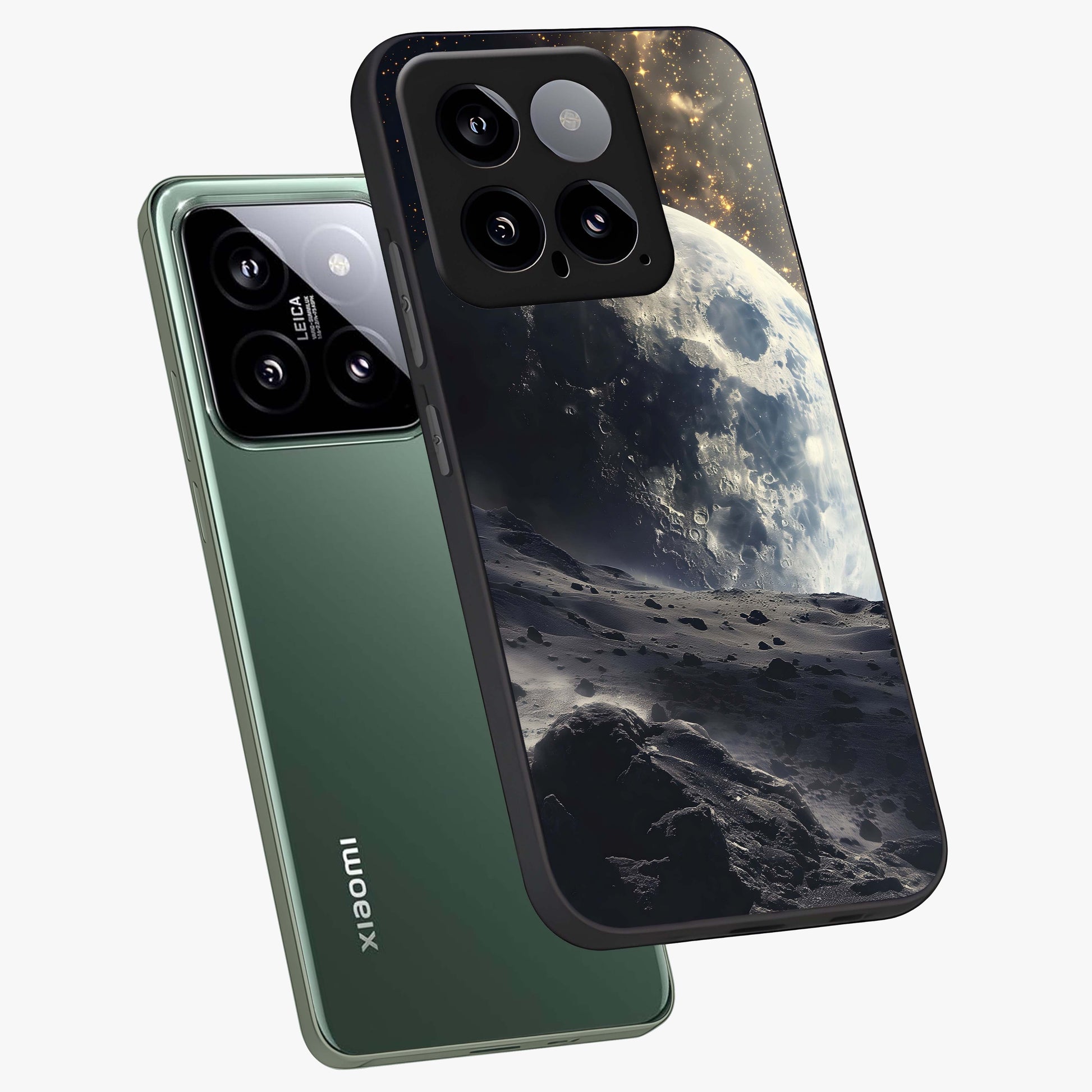 Lunar Horizon Glow Glass Case displayed in angled mockup highlighting celestial moon design with dreamy night aesthetic.