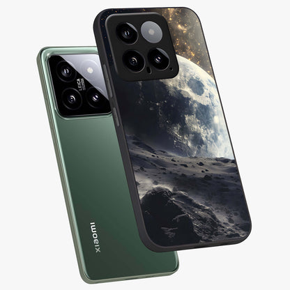 Lunar Horizon Glow Glass Case displayed in angled mockup highlighting celestial moon design with dreamy night aesthetic.