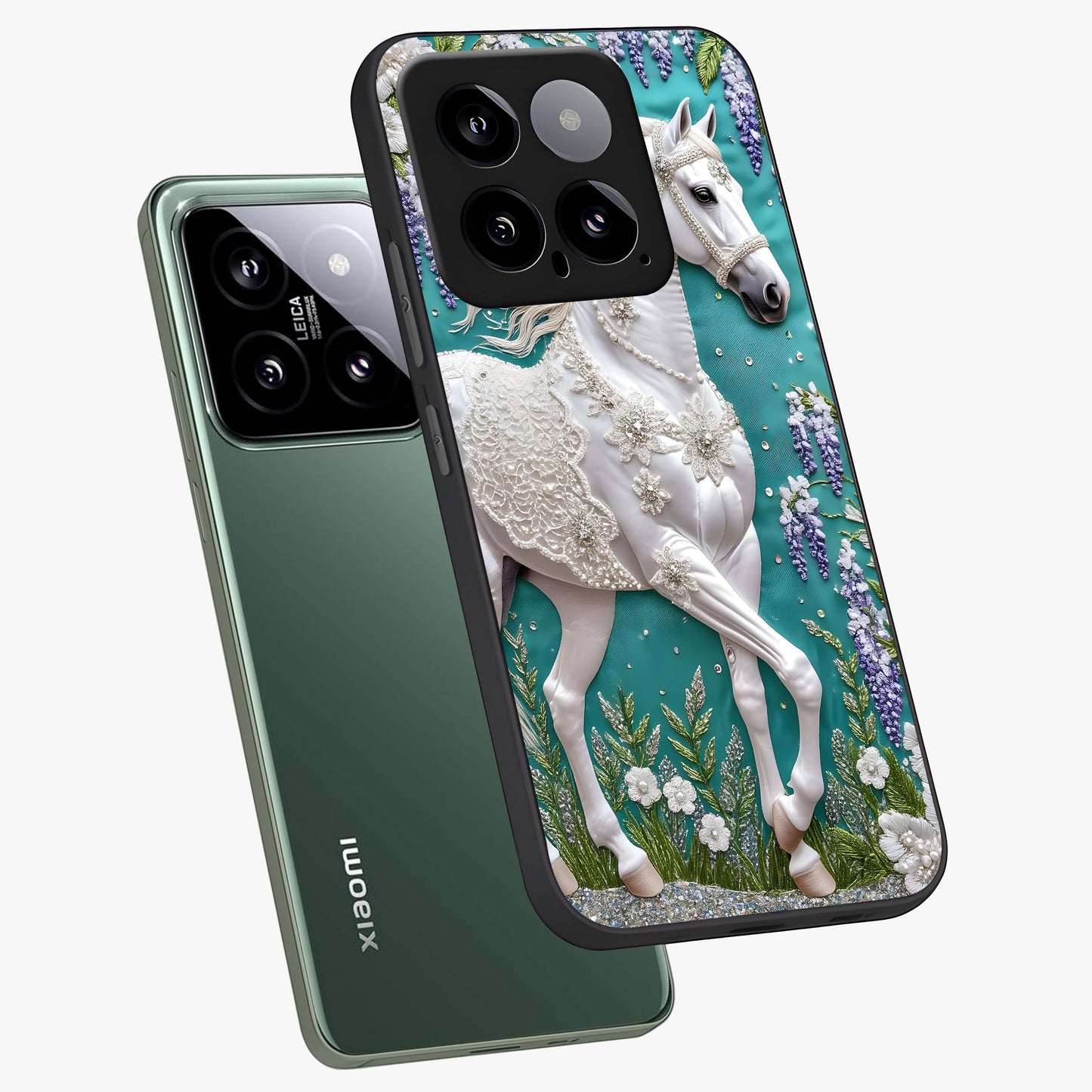 Majestic Floral Stallion Glass Case displayed in angled mockup highlighting majestic stallion illustration with elegant floral aesthetic.