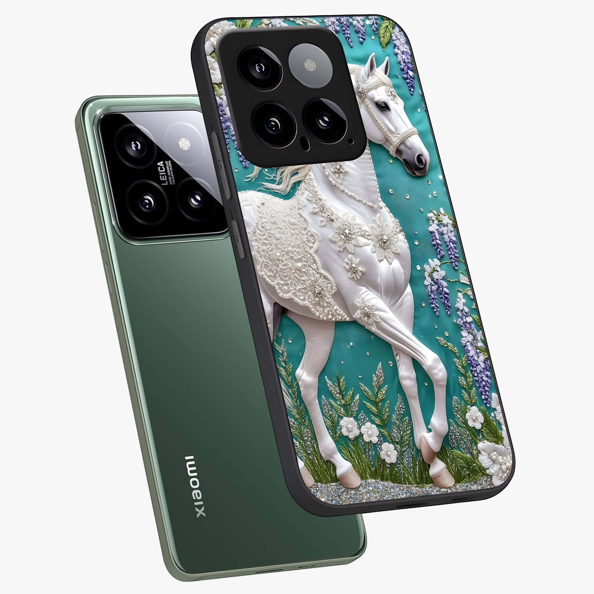 Majestic Floral Stallion Glass Case displayed in angled mockup highlighting majestic stallion illustration with elegant floral aesthetic.