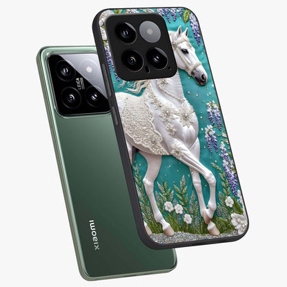 Majestic Floral Stallion Glass Case displayed in angled mockup highlighting majestic stallion illustration with elegant floral aesthetic.