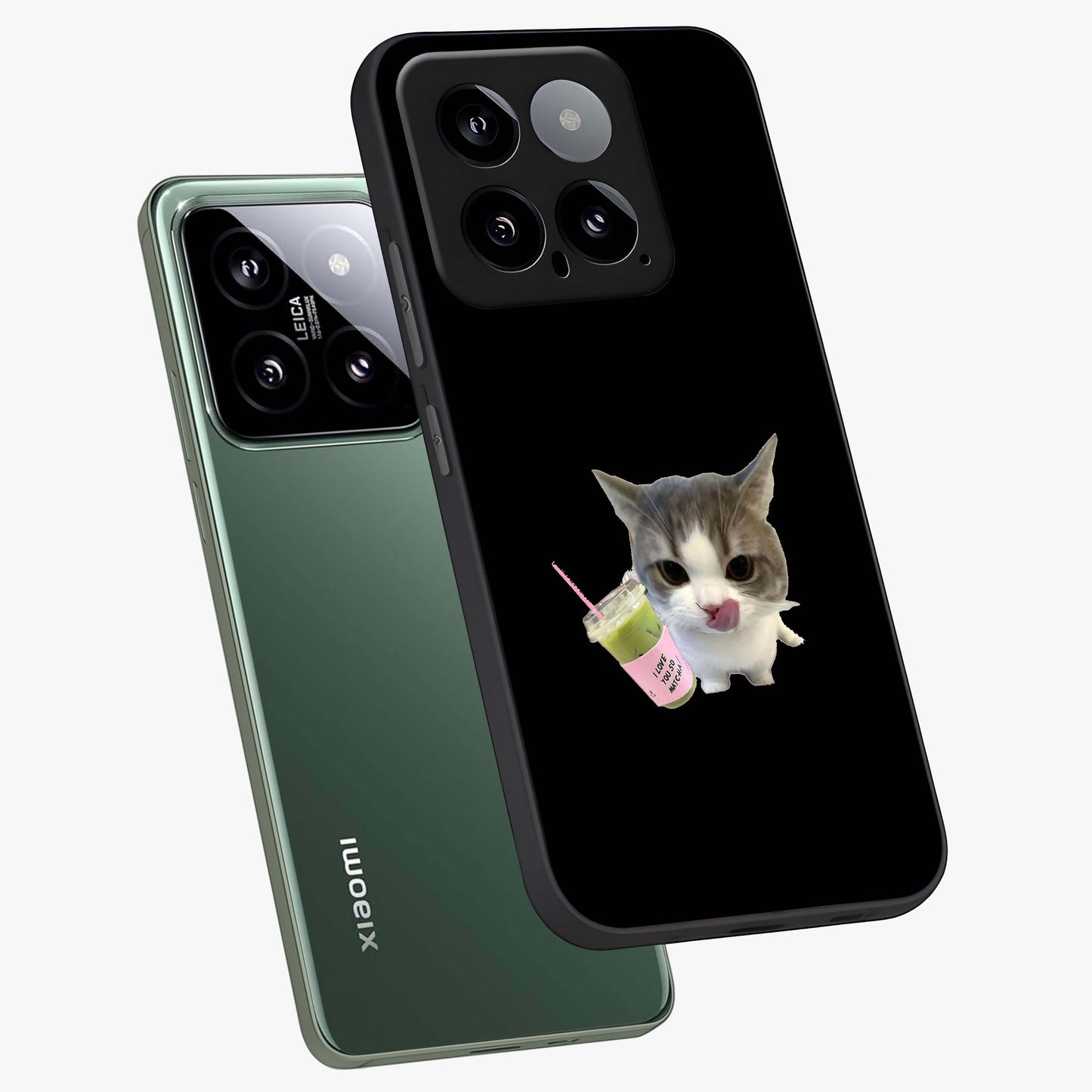 Matcha Cat Style Glass Case displayed in angled mockup highlighting playful feline design with pastel matcha aesthetic.