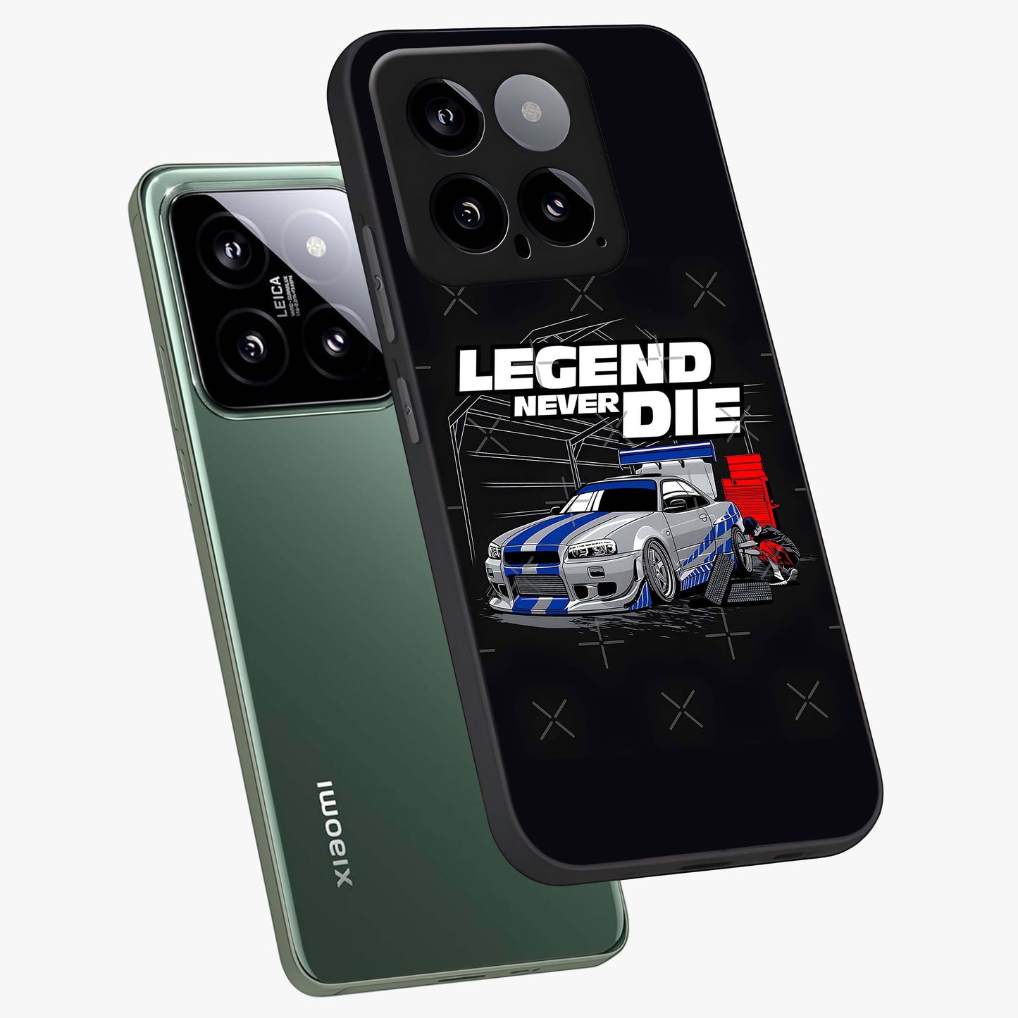 Midnight Racing Legacy Glass Case displayed in angled mockup highlighting dynamic automotive design with bold midnight aesthetic.