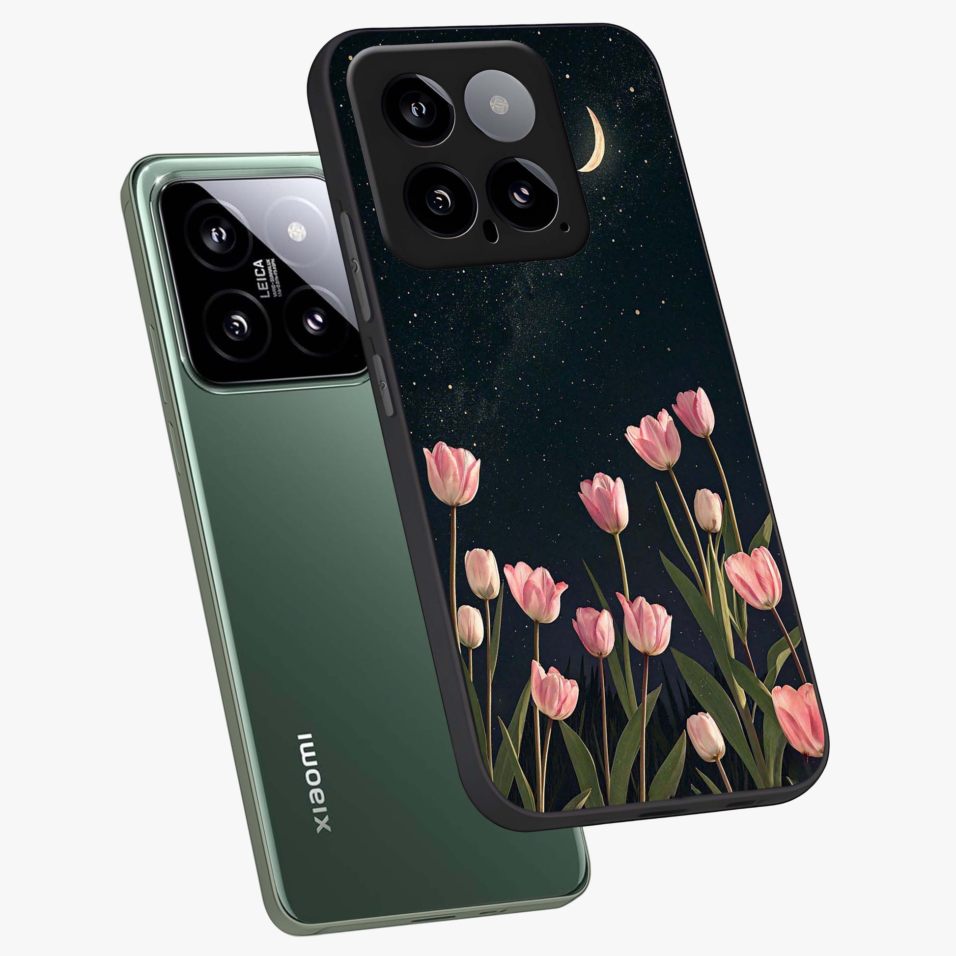 Midnight Tulip Whispers Vibe Glass Case displayed in angled mockup highlighting delicate tulip design with midnight floral aesthetic.