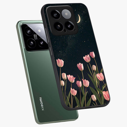 Midnight Tulip Whispers Vibe Glass Case displayed in angled mockup highlighting delicate tulip design with midnight floral aesthetic.