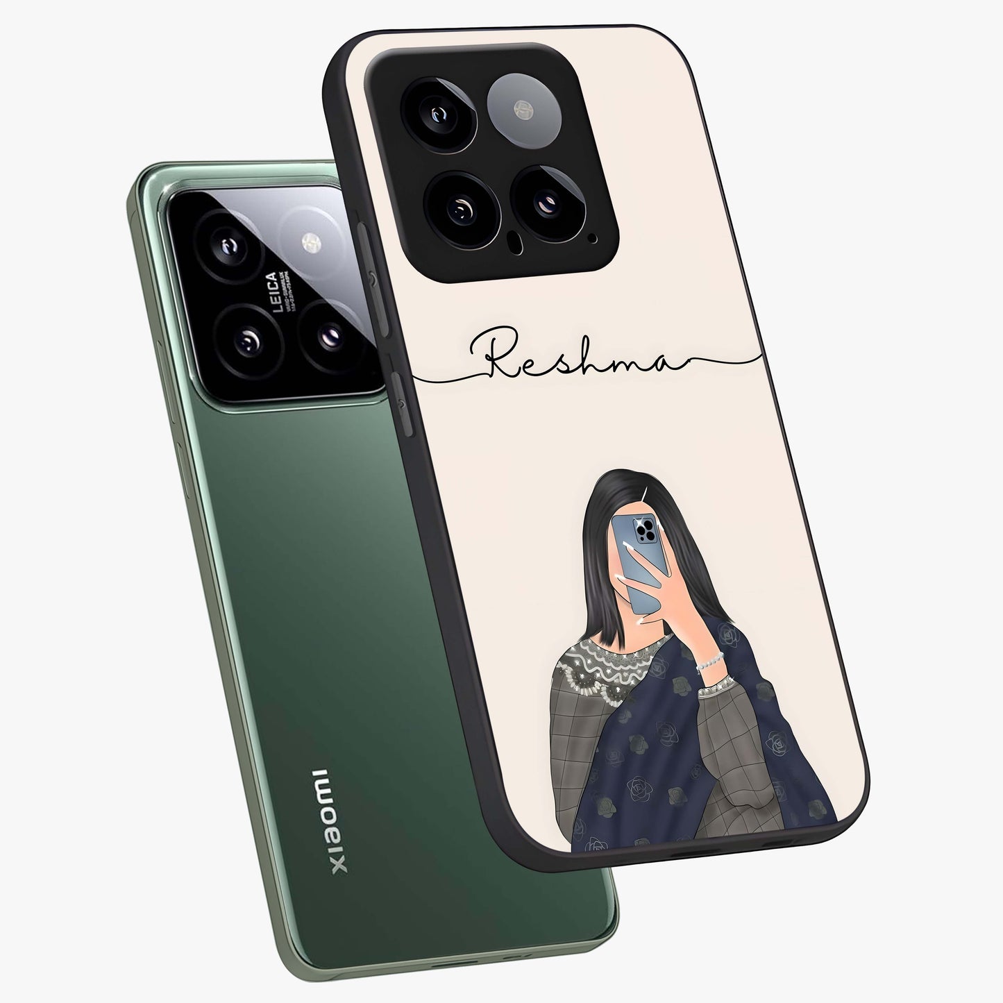 Mirror Mood Muse With Custom Name Glass Case displayed in angled mockup highlighting aesthetic mirror inspired design with custom name feature.