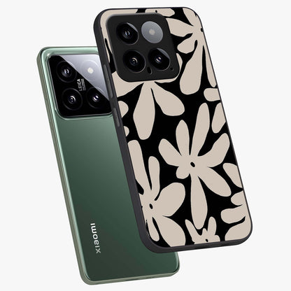 Monochrome Petal Dance Glass Case displayed in angled mockup highlighting elegant petal design with black and white aesthetic.