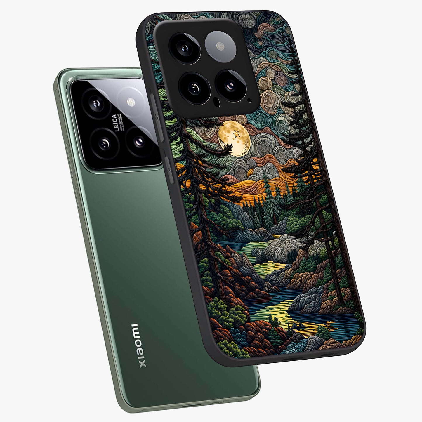 Moonlight Forest Dream Glass Case displayed in angled mockup highlighting dreamy forest design with glowing moon aesthetic.