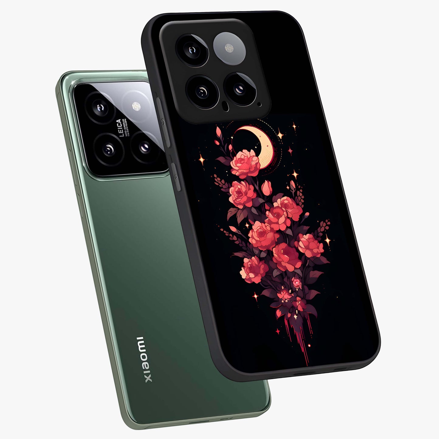 Moonlit Floral Elegance Glass Case displayed in angled mockup highlighting graceful flower design with soft moonlight aesthetic.