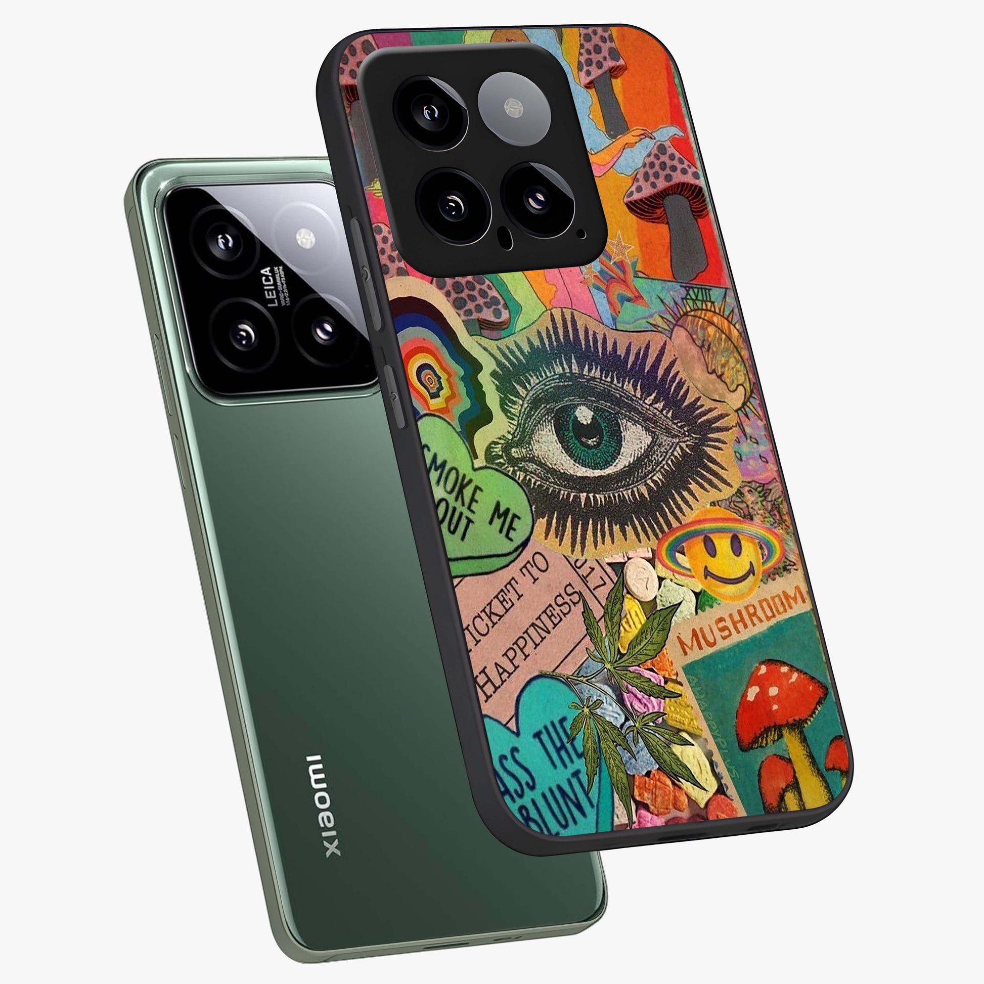 Mystic Eye Wonderland Glass Case displayed in angled mockup highlighting magical eye illustration with dreamy aesthetic.